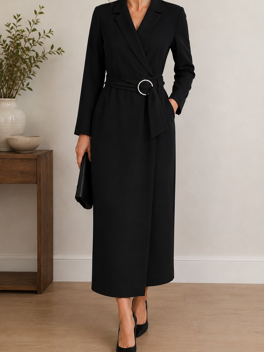 Elegant Black Wrap Belted Midi Dress Size 8